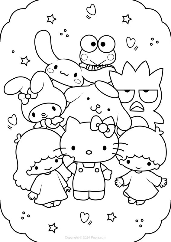 Sanrio Characters Hearts And Stars coloring page for children