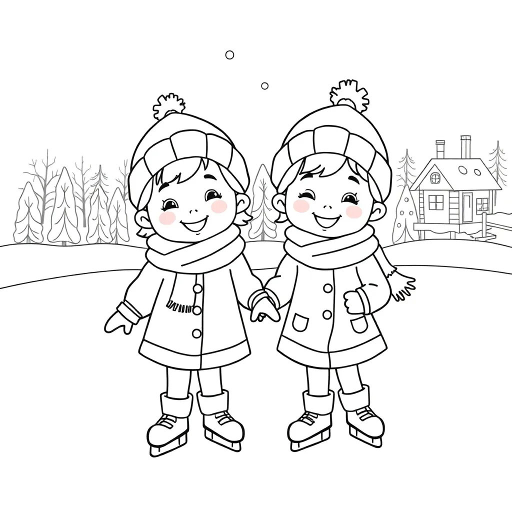 Schaatsende Kinderen Winterpret Ijsbaan Gezelligheid Buitenspelen coloring page for children