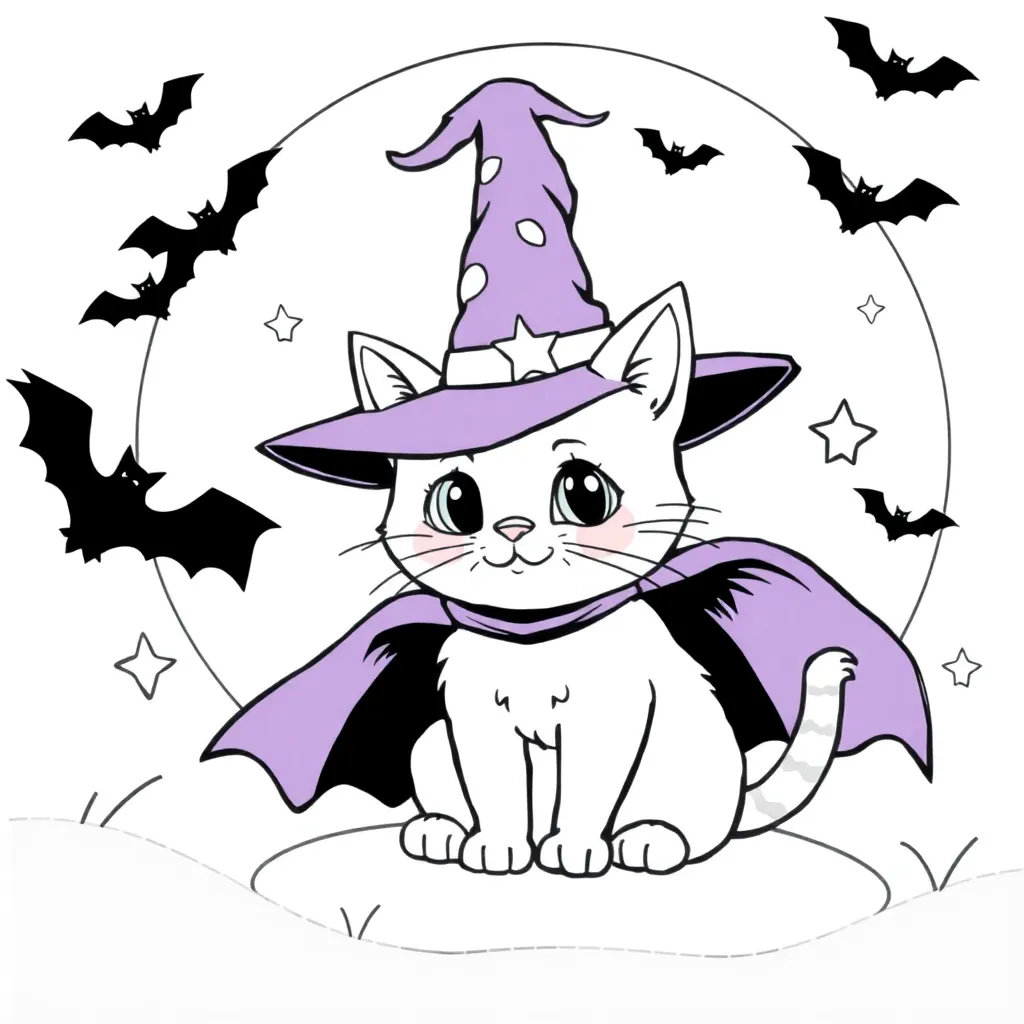 Schattige Kat Halloween Heksen Kostuum Betoverend Creatief coloring page for children