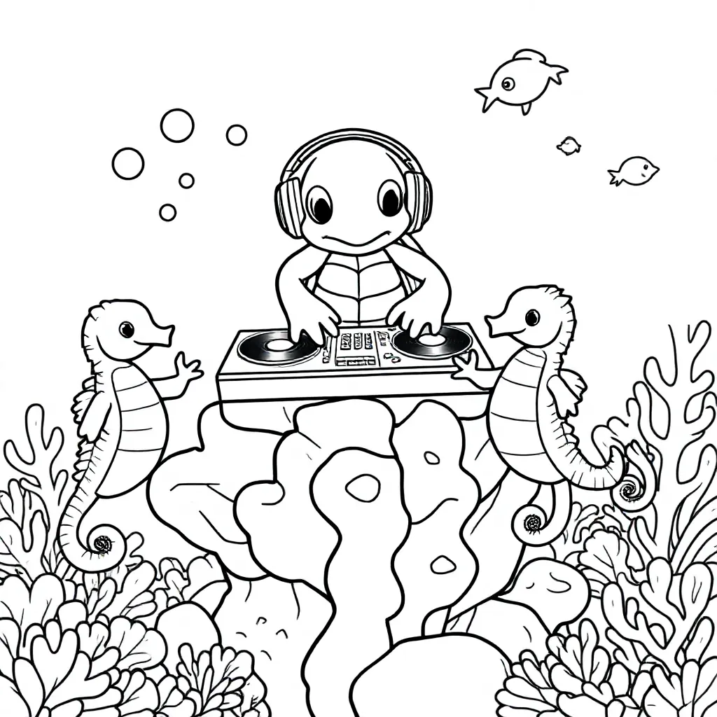 Feuille de coloriage gratuite Tortue-DJ mixe des disques sur un récif de corail pour des danseurs