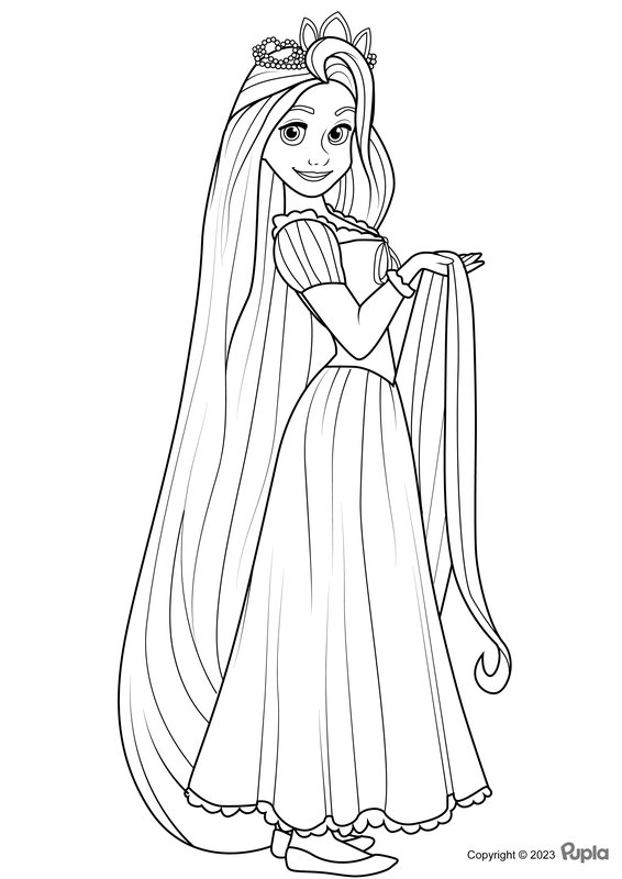 Schöne Rapunzel hält ihr Haar coloring page for children