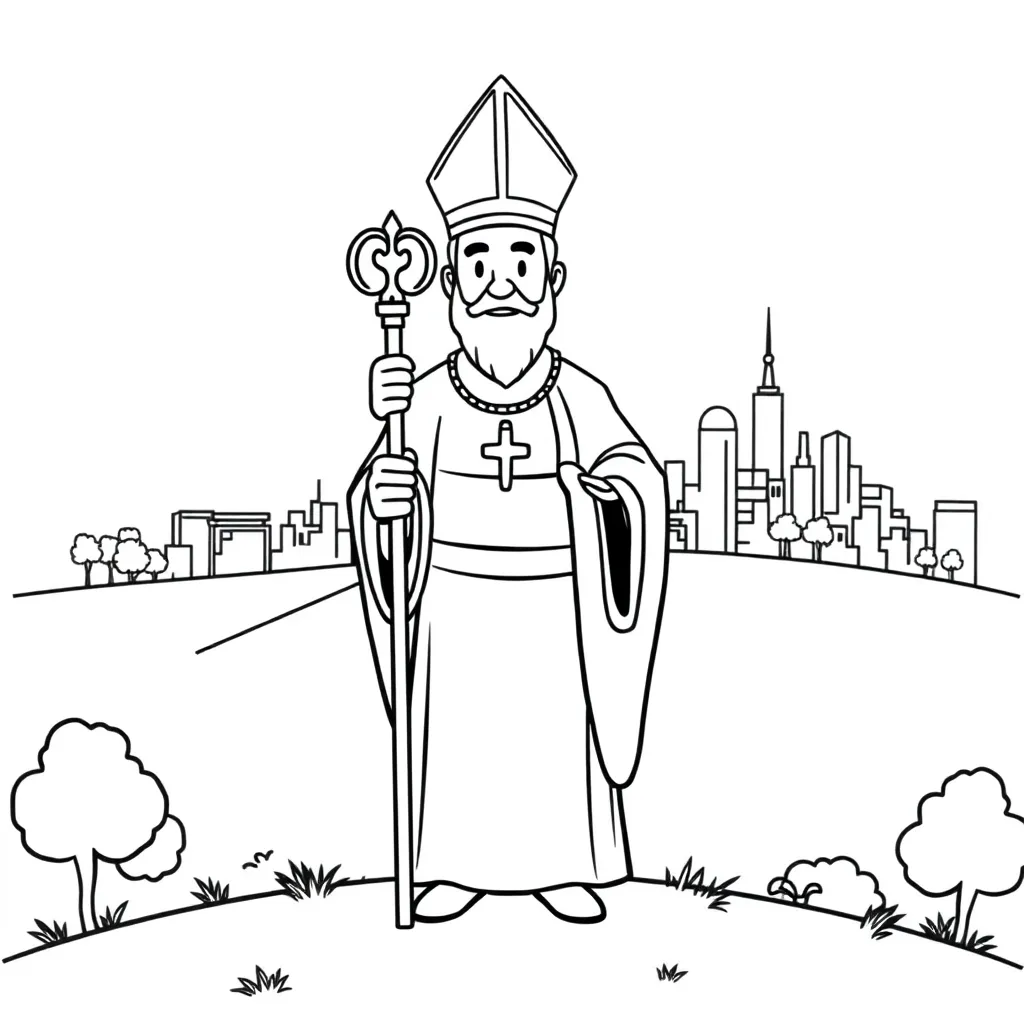 Sinterklaas Bisschopfiguur Heuvelachtig Landschap Feestdagen Creativiteit coloring page for children