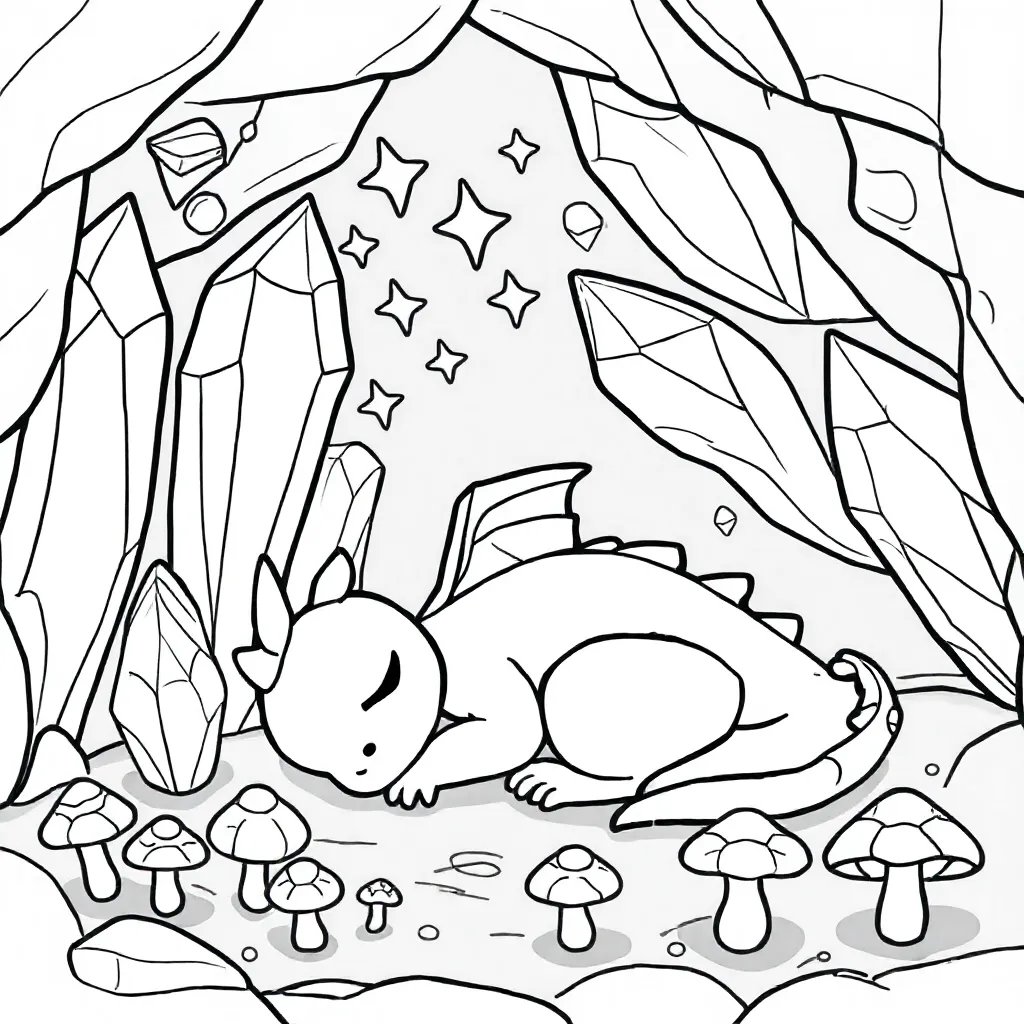 Slapende Draak Droomt Sterren In Kristalgrot Gloeiende Pa... coloring page for children