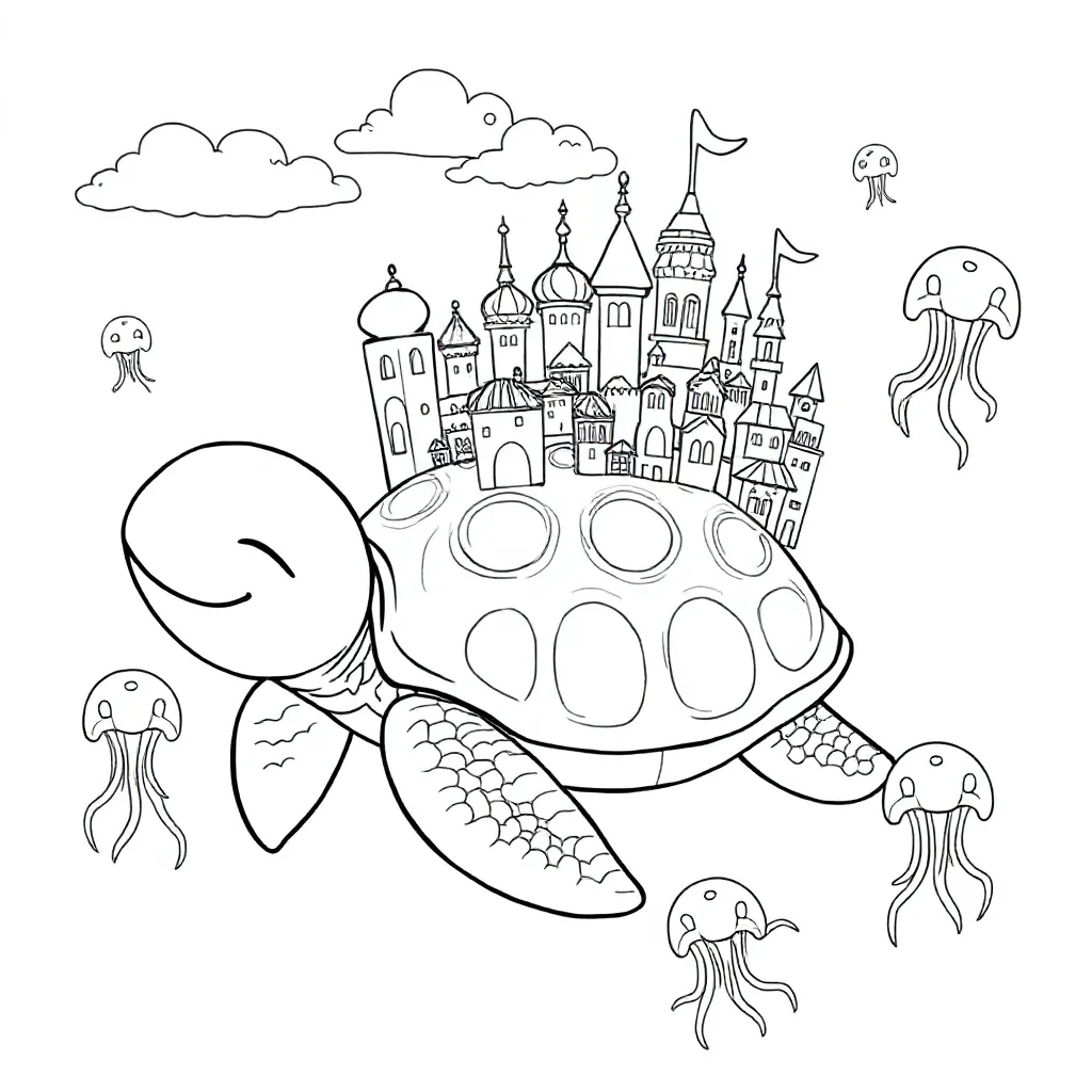 Slapende zeeschildpad draagt dromenstad op rug, omringd door lichtgevende kwallen. kleurplaat voor k
