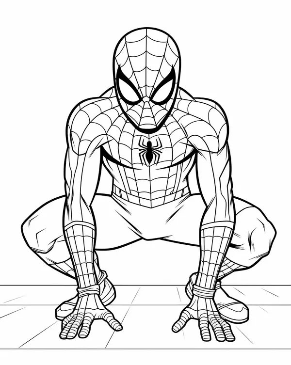 Spiderman Kniend coloring page for children