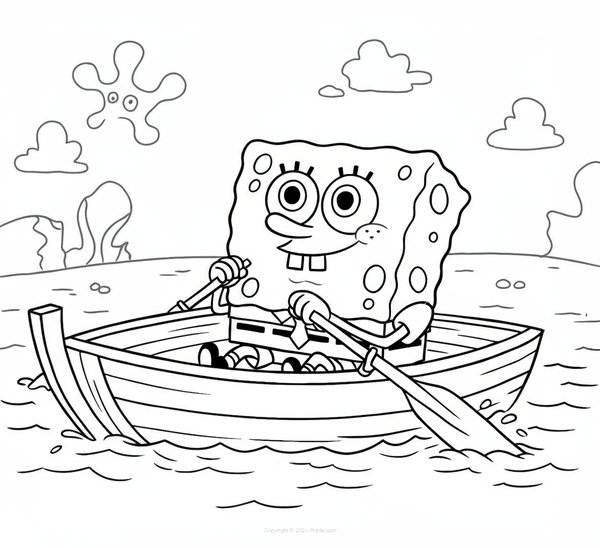 SpongeBob Coloring Page in a Rowboat