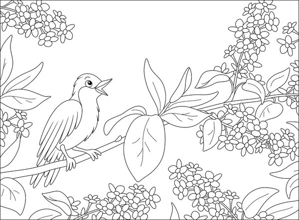 Spring Singing Bird Tree coloring page for children