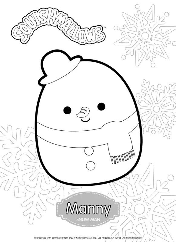 Squishmallows Manny Snow Man coloring page for children
