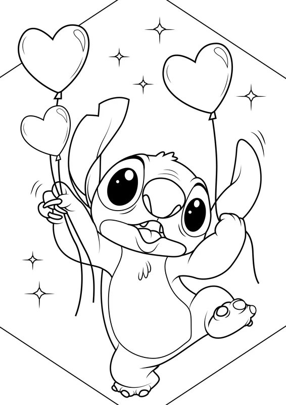 Stitch de suture tenant des ballons en forme de cœur coloring page for children