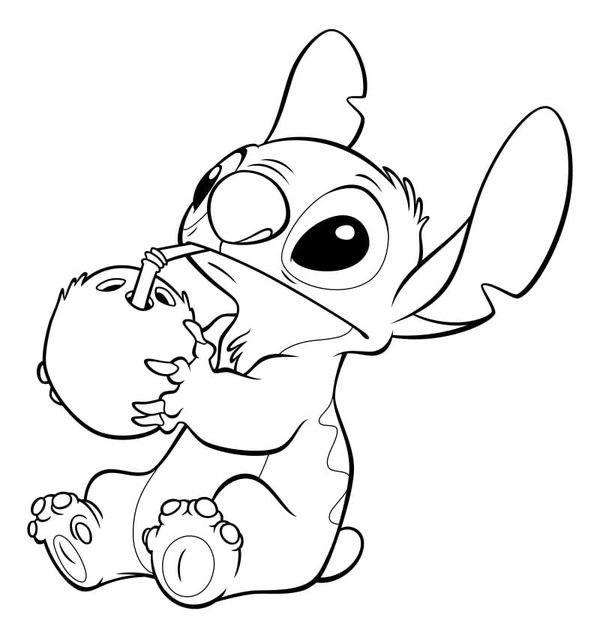 Stitch Drinkt Kokosnoot coloring page for children