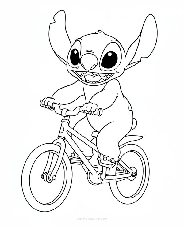 Stitch op de fiets coloring page for children