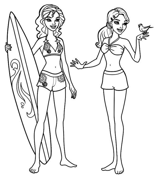 Surfende Barbie coloring page for children