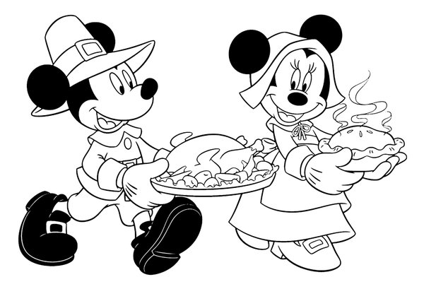 Thanksgiving Mickey Minnie Mouse Bringing Food coloring page for children