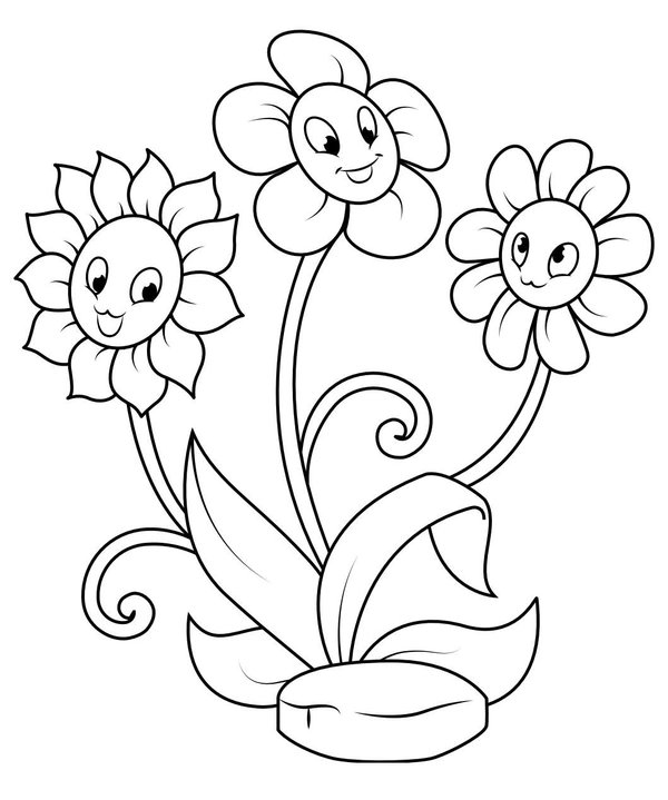 Three Happy Flowers coloring page for children