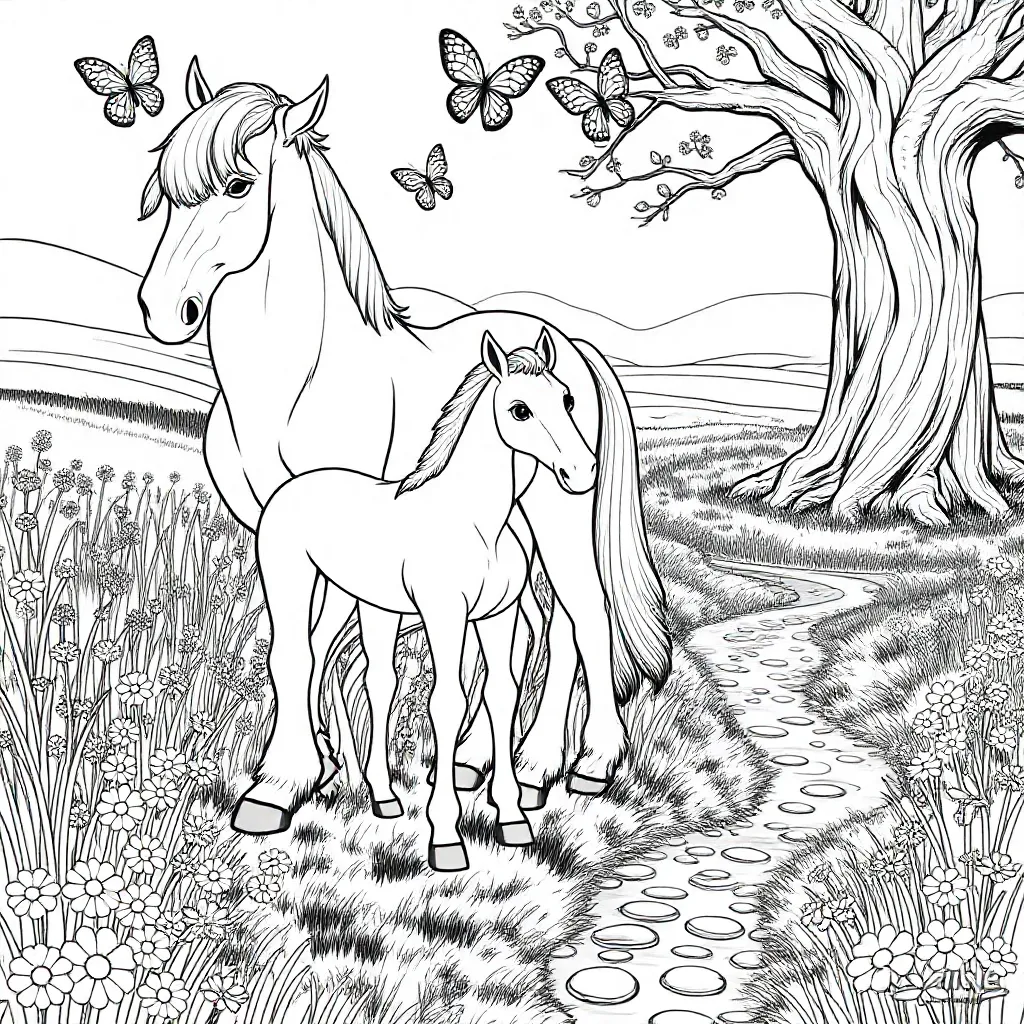 Trekpaard met veulen coloring page for children