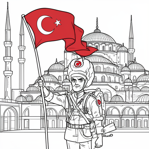 Turkse soldaat met Turkse vlag in zijn soldaten pak. Aksa moskee achtergrond kleurplaat voor kinder