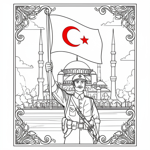 Turkse soldaat met Turkse vlag in zijn soldaten pak. Aksa moskee achtergrond kleurplaat voor kinder