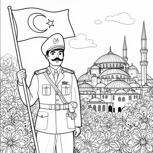 Turkse soldaat met Turkse vlag in zijn soldaten pak. Aksa moskee achtergrond kleurplaat voor kinder