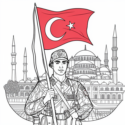 Turkse soldaat met Turkse vlag in zijn soldaten pak. Aksa moskee achtergrond kleurplaat voor kinder