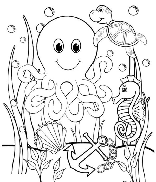 Turtle Sea Horse Squid coloring page for children