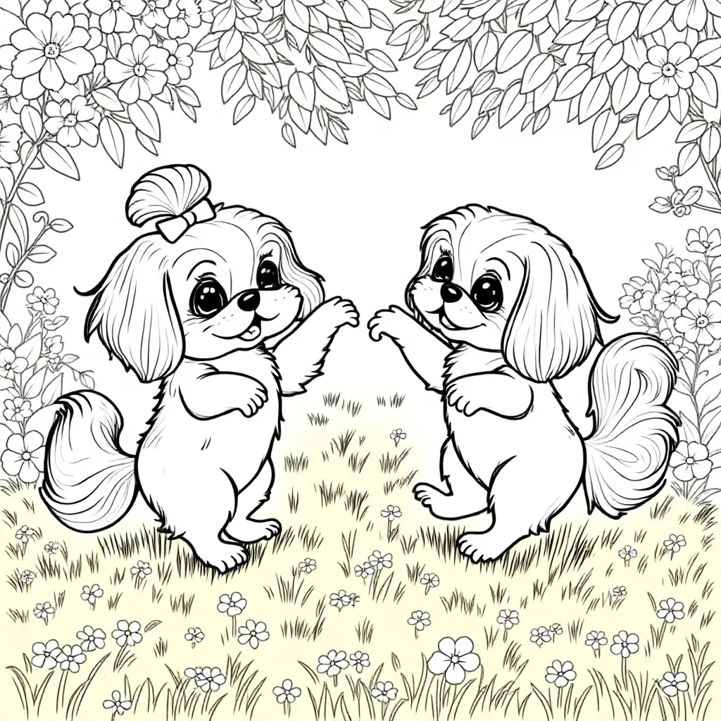 twee dansende Shih tzu honden kleurplaat voor kinderen