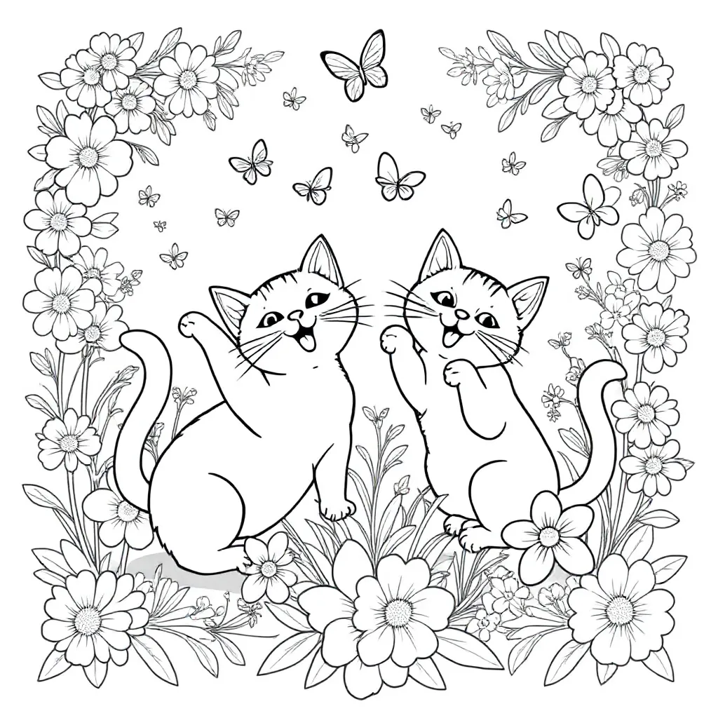 Feuille de coloriage gratuite : deux chats jouant entre des fleurs et des papillons.