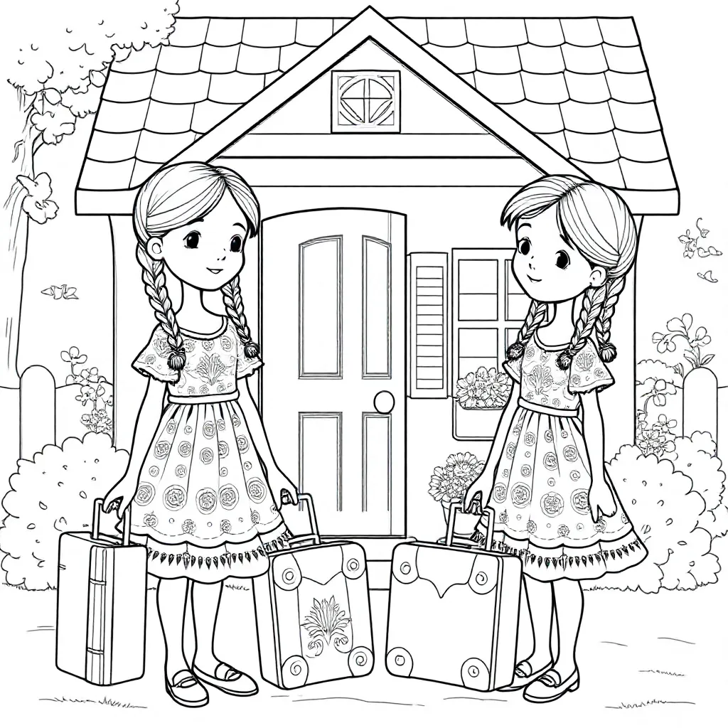 niñas gemelas con el mismo vestido para una casa de vacaciones con un maletín en la mano mirando la bonita casa