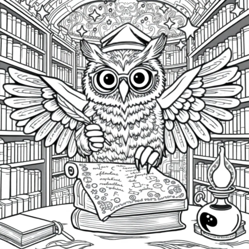 uil-professor die magische formules schrijft met sterren-inkt kleurplaat