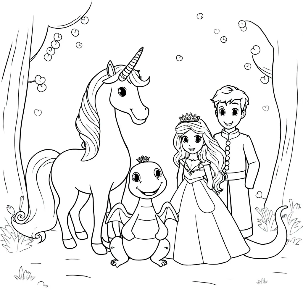 Unicorn Draak Prinses En Prins coloring page for children
