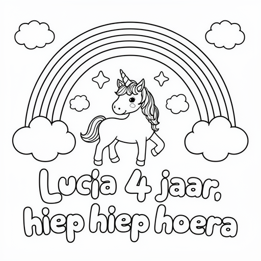 Unicorn met achtergrond voor meisje 4 jaar. Bijvoorbeeld regenboog enzo, en cijfer 4 kleurplaat voor