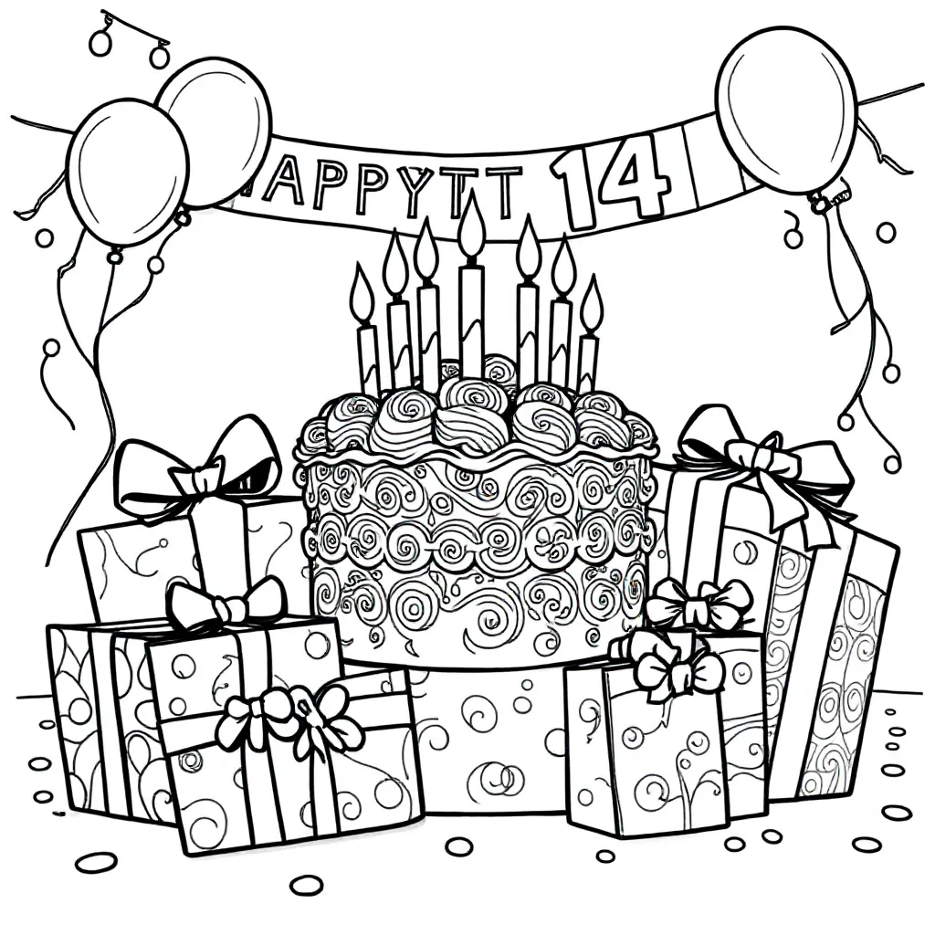 verjaardag 14 kleurplaat voor kinderen