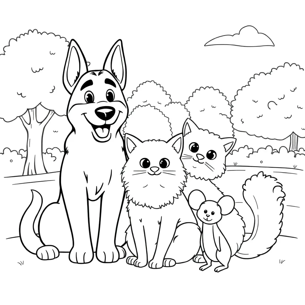 Chien, chat, souris, parc, coloriage noir pour enfants