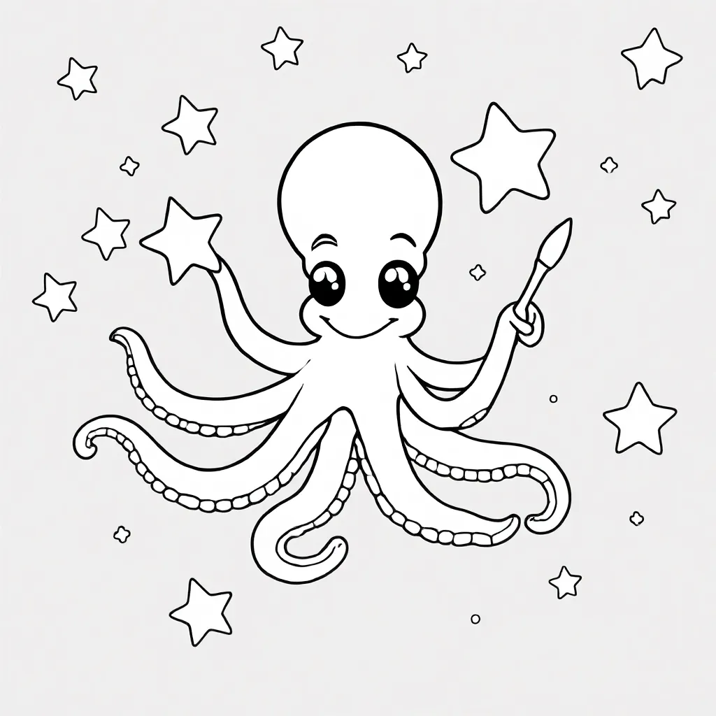 Vliegende inktvis schildert sterrenstelsels op de nachthemel.