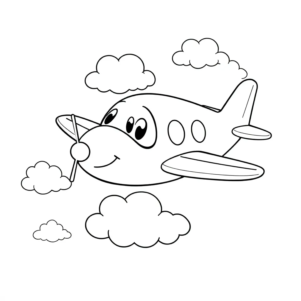 Airplane, propeller, adventure, clouds, black coloring page for kids