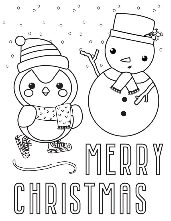 Vrolijk Kerst Pinguin Sneeuwpop coloring page for children