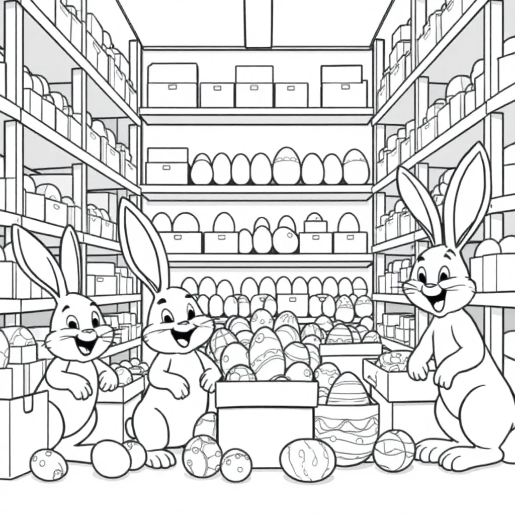 Feuille de coloriage gratuite : des lapins de Pâques joyeux et de nombreux œufs de Pâques dans un entrepôt