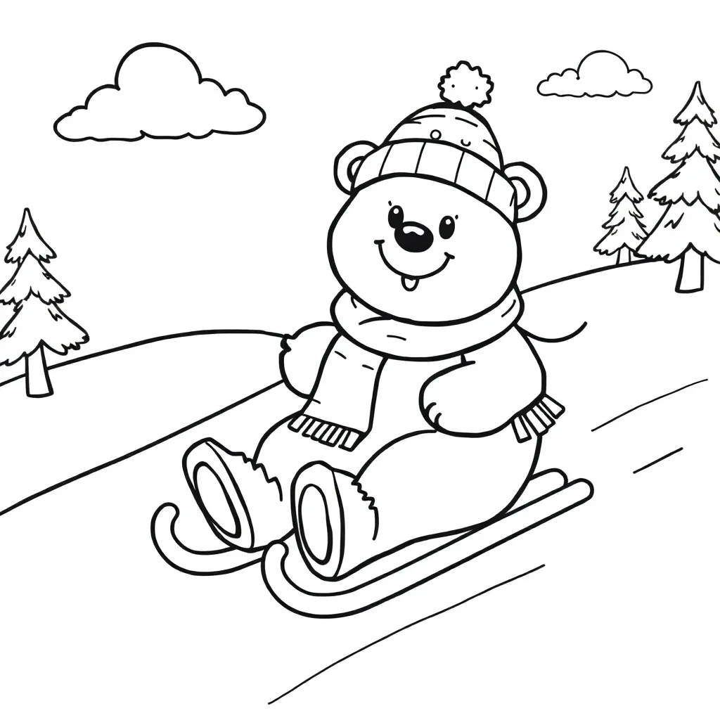 Feuille de coloriage gratuite hiver, ours, luge, neige, activité saisonnière coloriage
