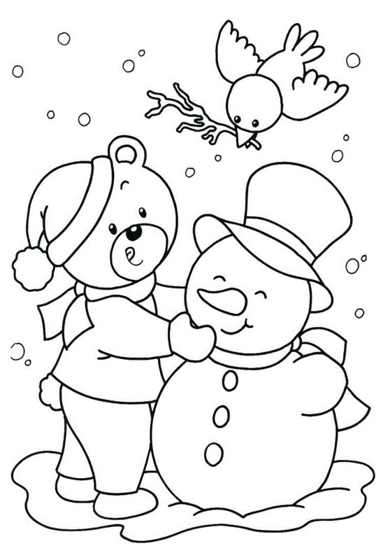 Winter Christmas Snowman Bear Bird coloring page for children
