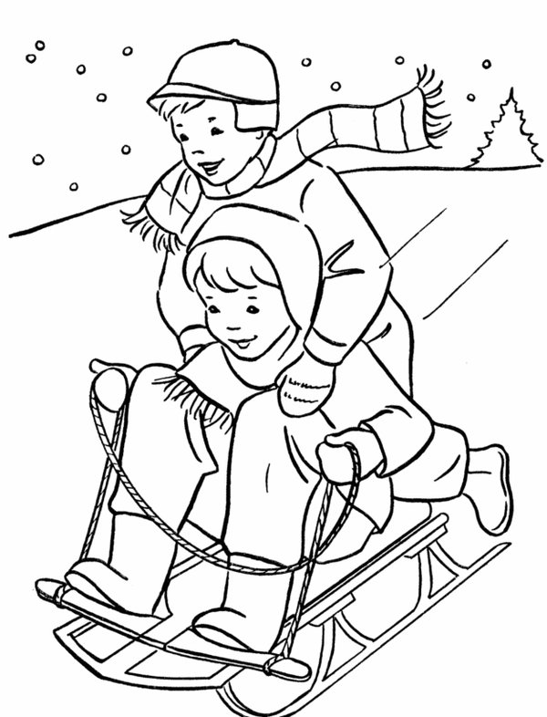 Feuille de coloriage Garçon Fille Hiver Luge