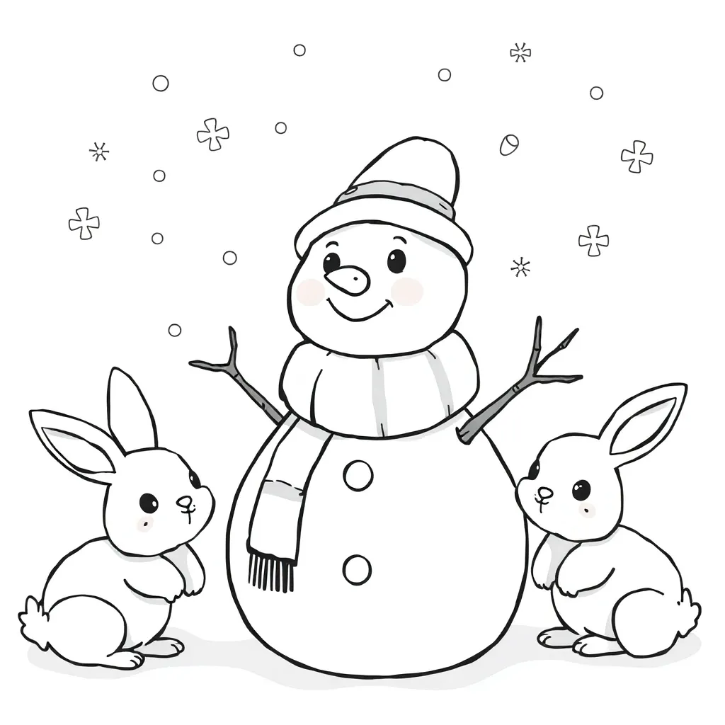 Winter Sneeuwpop Konijntjes Sneeuwvlokken Cartoonachtig coloring page for children
