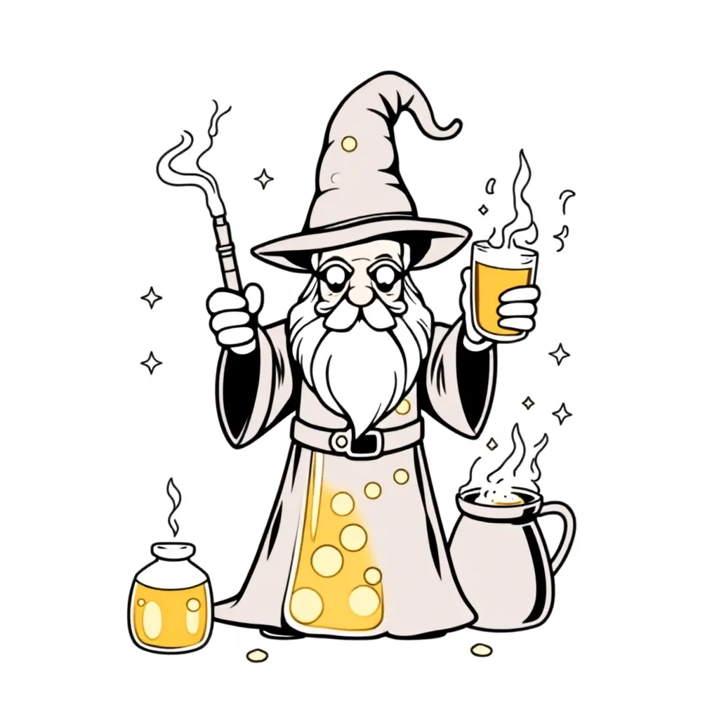 wizard-beer die magische honig brouwt in kristallen laboratium kleurplaat voor kinderen