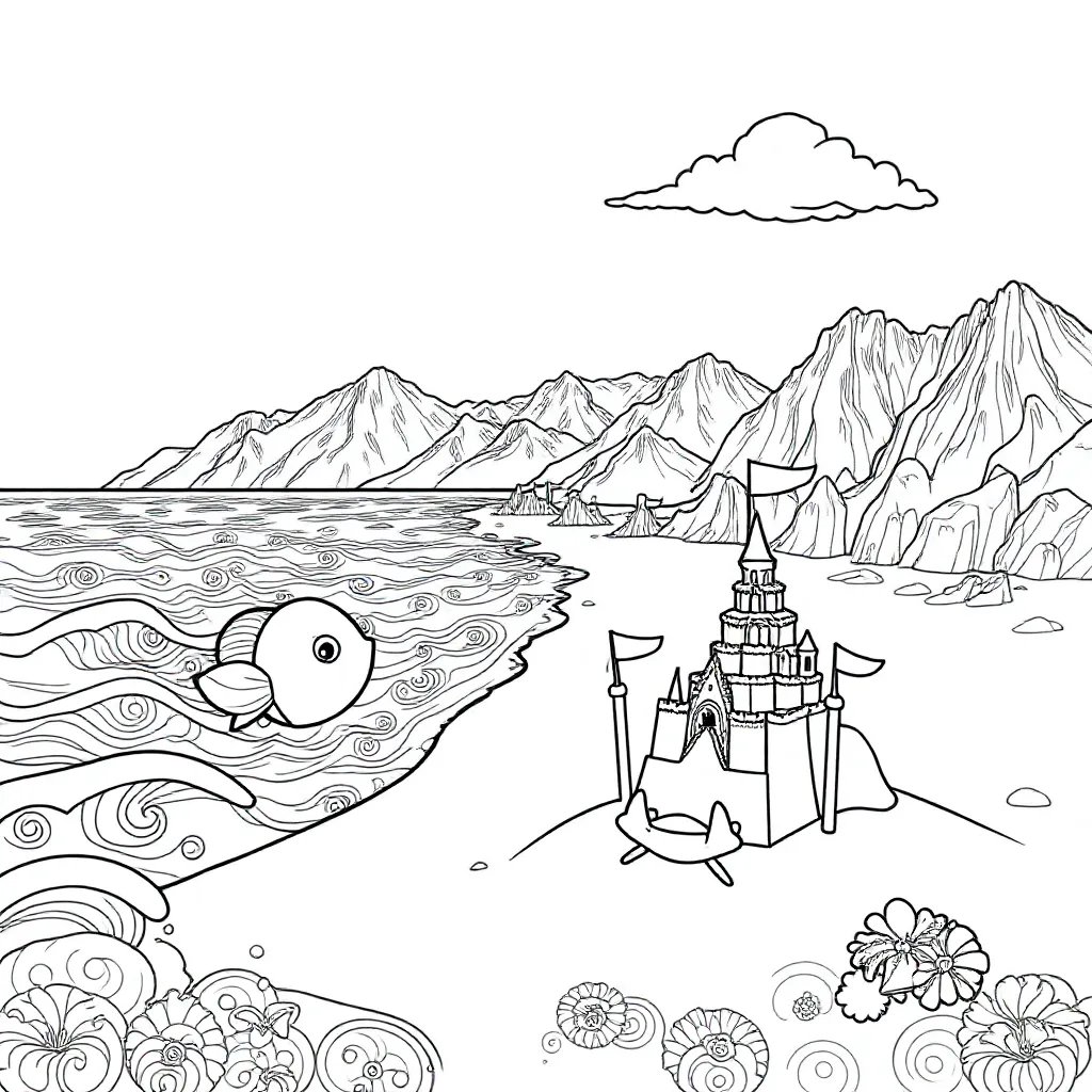 zee strand en bergen kleurplaat voor kinderen