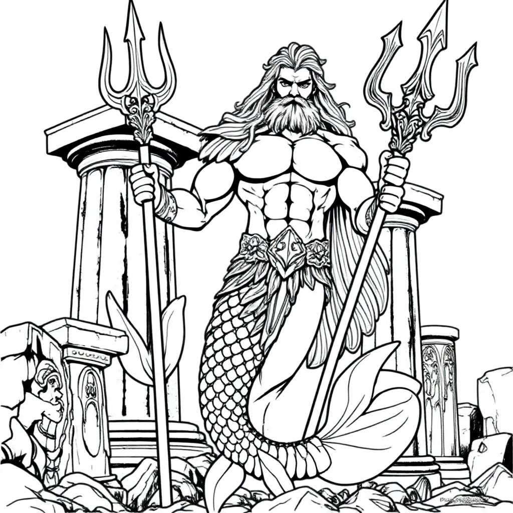 Zeemeerman Poseidon Drietand Zuilen coloring page for children