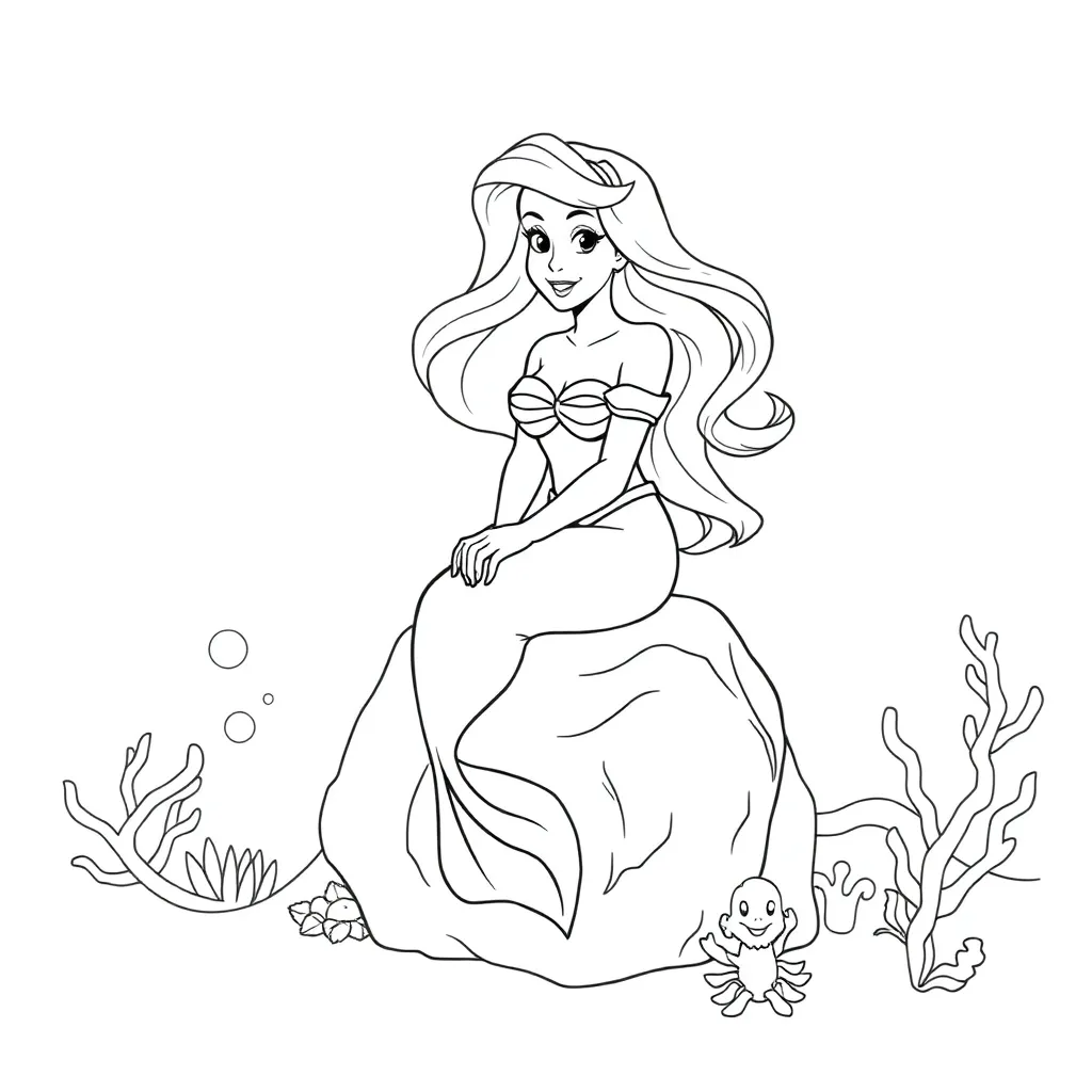 Plantilla de colorear gratis Sirenita Ariel, Princesa Disney, Bella Pelirroja