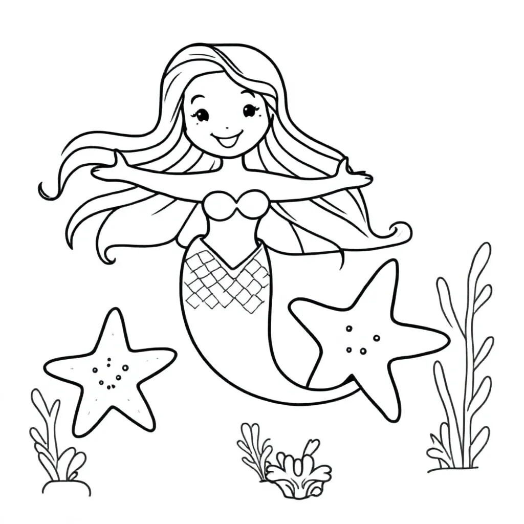 Feuille de coloriage Sirène gratuite dans la mer avec des étoiles de mer  Feuille de coloriage pour les enfants