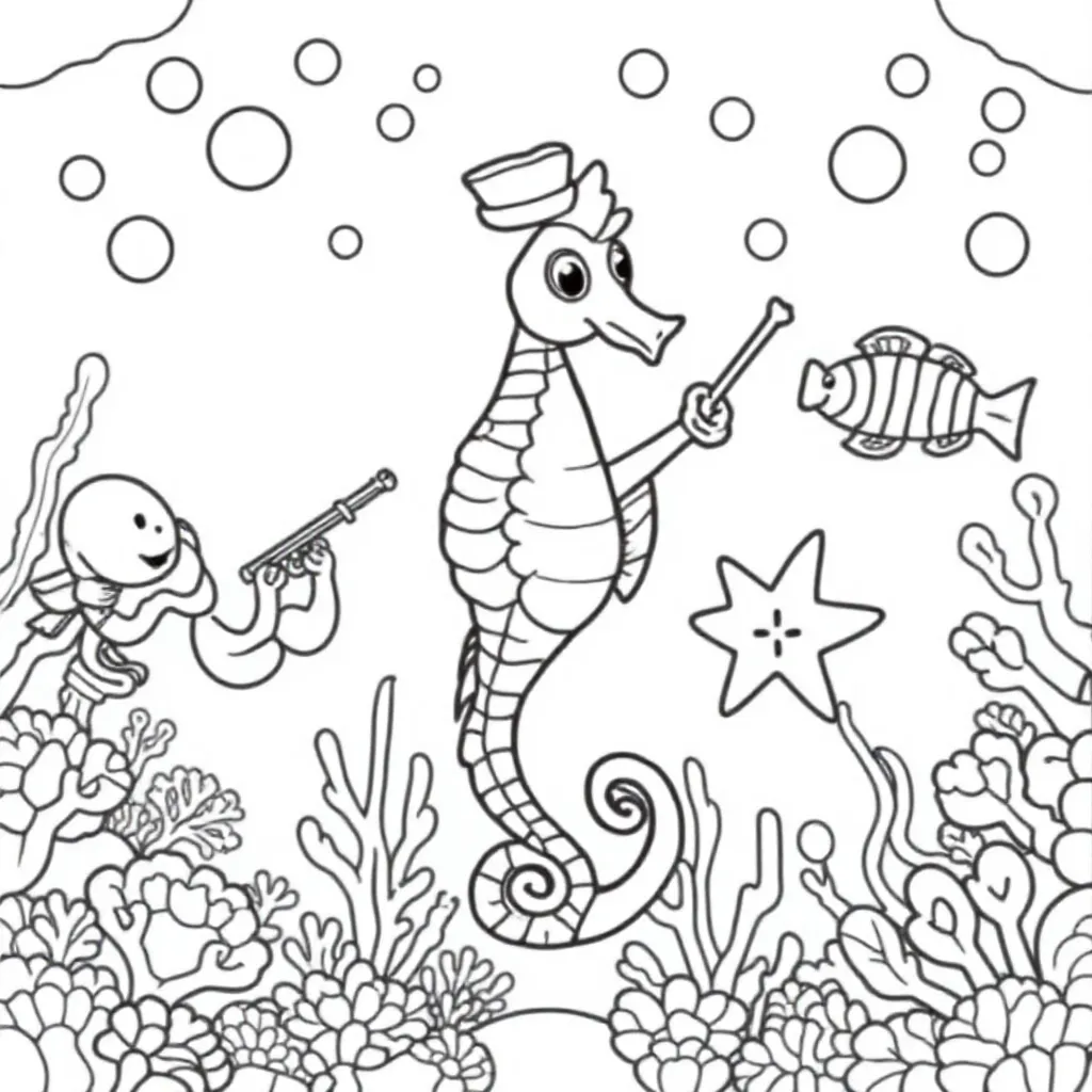 Zeepaardje-dirigent leidt koraalorkest in onderwater-muziektempel. kleurplaat voor kinderen