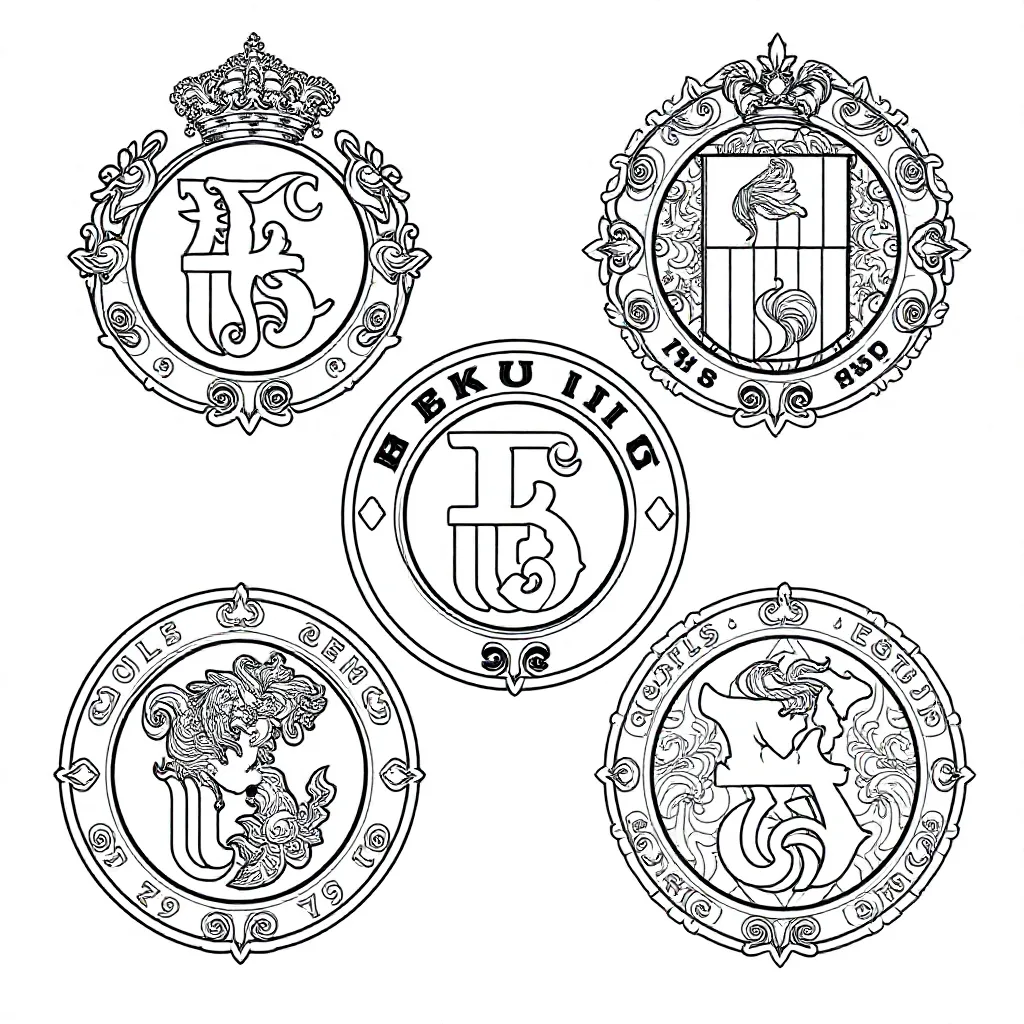 Feuille de coloriage gratuite : six logos de clubs de football différents de clubs existants.