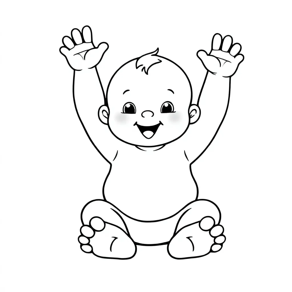 Zittende baby met armen in de lucht met 5 normale tenen, 5 normale vingers kleurplaat voor kinderen