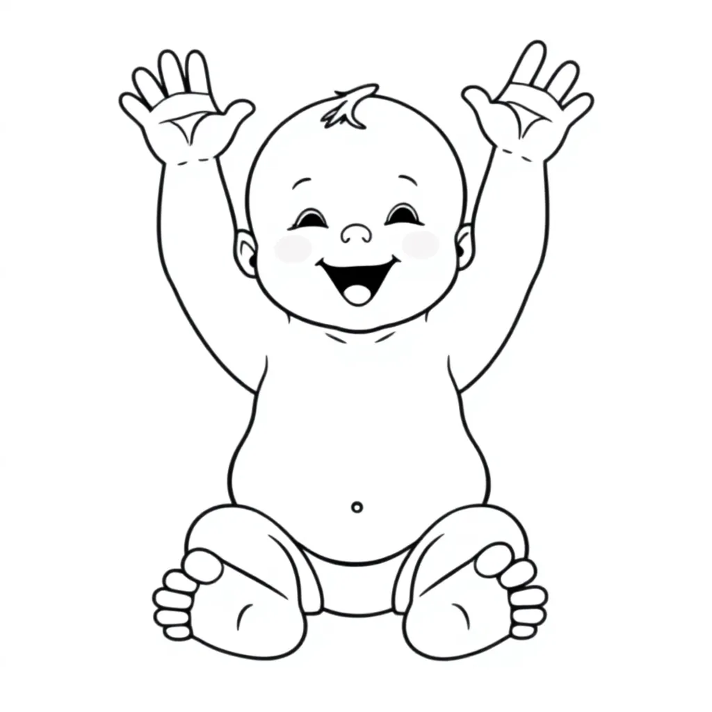 Zittende baby met armen in de lucht met 5 tenen, 5 vingers kleurplaat voor kinderen