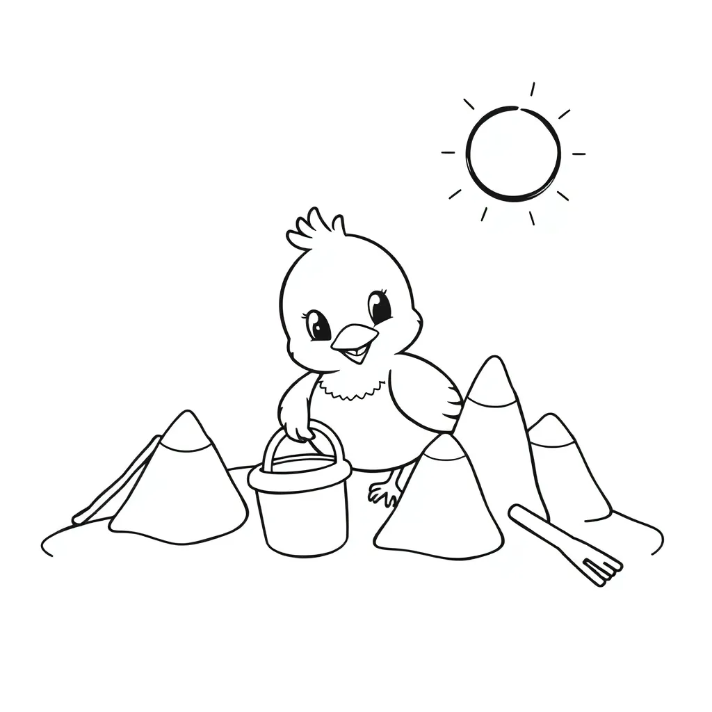 Free Summer Beach Bird Sandcastle Cartoon Coloring Page